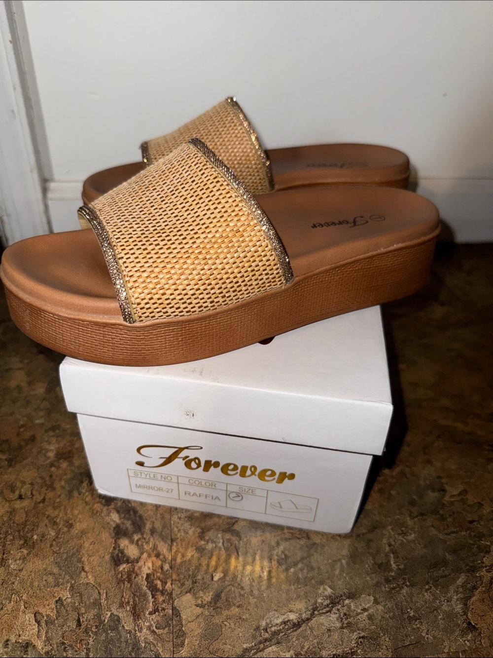 Forever 21 Tan Raffia Platform Slide Sandals with Metallic Trim